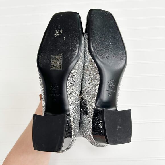 Chanel CC Sliver Glitter Ankle Boot Cap Toe Black Patent Bootie Milky Way Runway - Picture 8 of 16